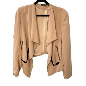 Maude Open Front Beige Blazer with Black Accents Zipper Pockets L